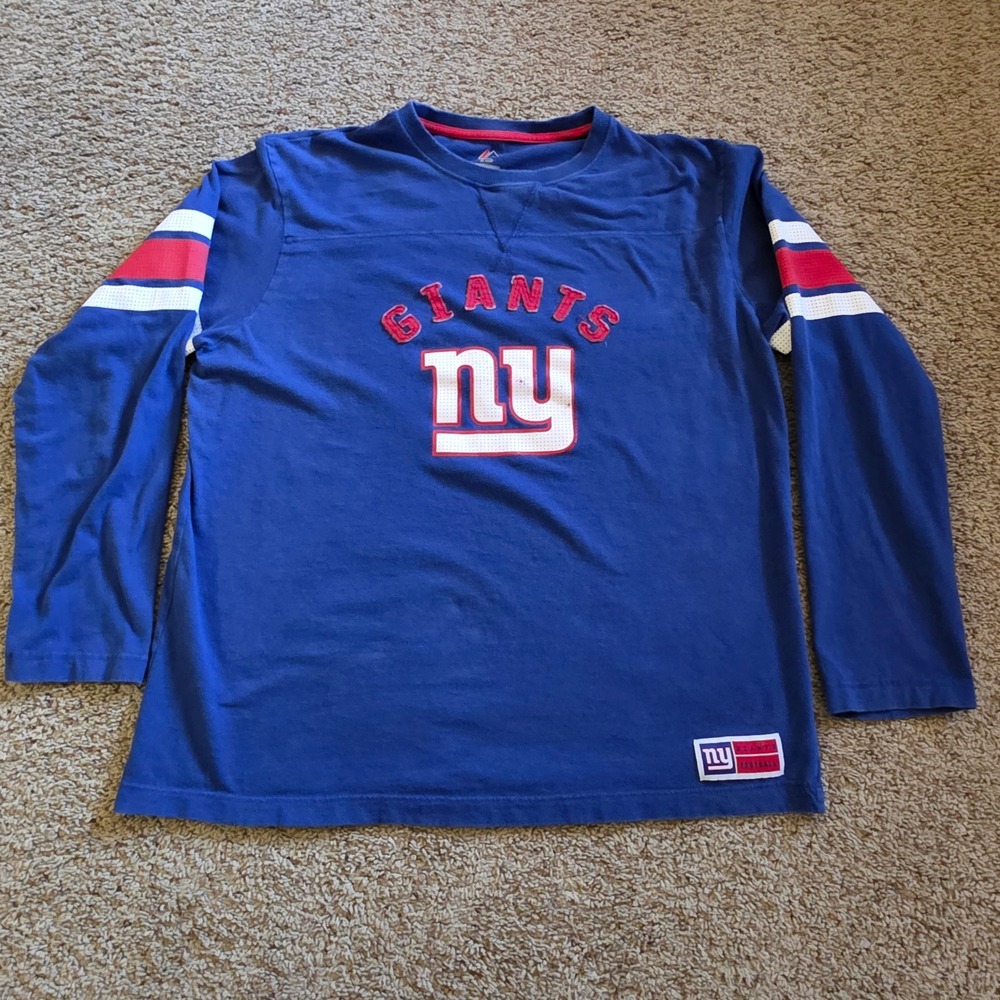 New York Giants NFL Long Sleeve Shirt Blue Mens XL Striped Sleeves Majestic